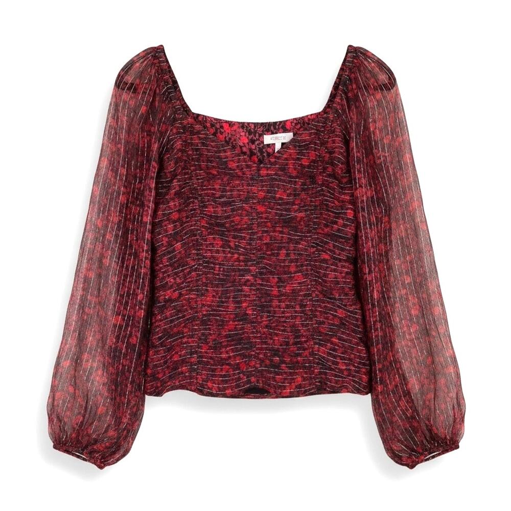 NWT Parker Catherine Silk Blend Top Sheer Balloon Red S Milkmaid Fairy Victorian